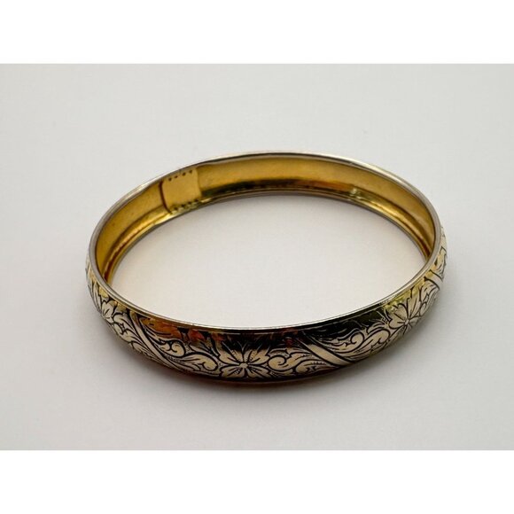 Vintage Floral Etched Bangle Bracelet Gold Tone Ornate Costume Jewelry - Picture 3 of 6
